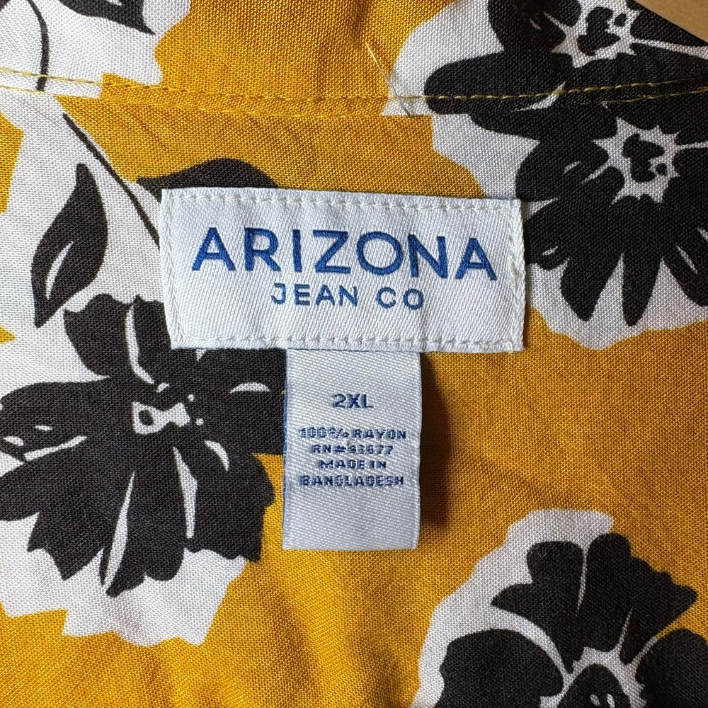Arizona Jean Co Mens 2XL Mustard Yellow Black Floral Rayon Button Down Shirt EUC - Picture 4 of 8